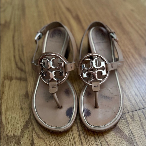 Tory Burch Miller Sandals – Tan Leather Block Heel Logo Sandal Size 8 - Picture 1 of 4